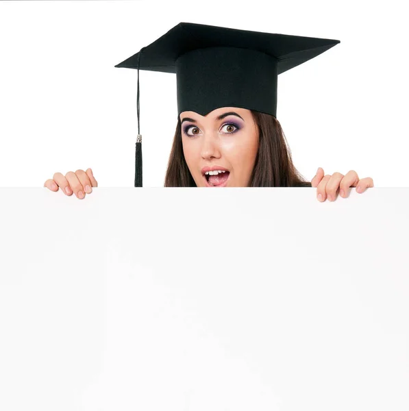 Graduate teen girl with blank board — Stock Photo, Image