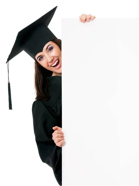 Graduado adolescente menina com placa em branco — Fotografia de Stock