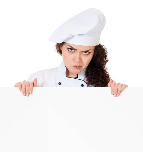 Mujer cocinera sosteniendo tablero vacío — Foto de Stock