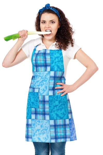 Young housewife on white — Stock Photo, Image