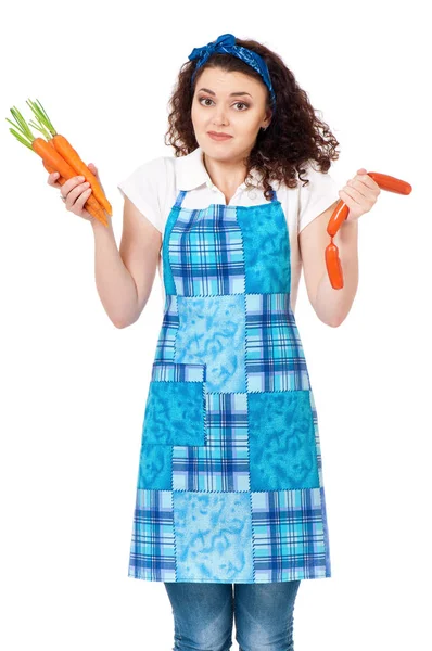 Young housewife on white — Stock Photo, Image