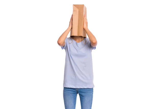 Girl with paper bag over head — Stock Photo, Image