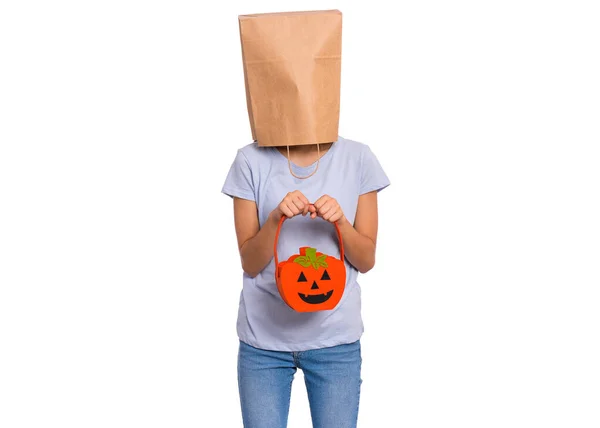 Girl with paper bag over head — Stock Photo, Image