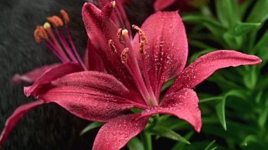 Siyah arka planda güzel kırmızı zambak çiçeğini suluyorum. Çiçeklere sprey suyu sıkıyorum Lily. Ev bitkilerinin bakımı.