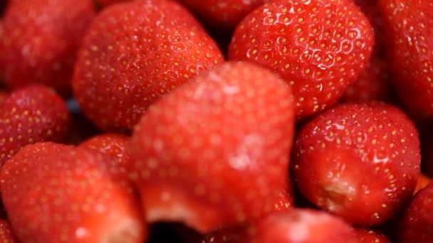 Fresas Rojas Frescas Rotan Primer Plano Vídeo Muchas Bayas Maduras — Vídeos de Stock