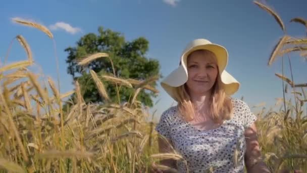 Mooie Vrouw Hoed Wandelend Door Gouden Gersteveld Openlucht Natuur Langzame — Stockvideo