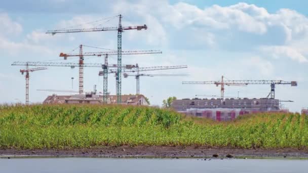 4K guindastes torre de construção de lapso de tempo — Vídeo de Stock