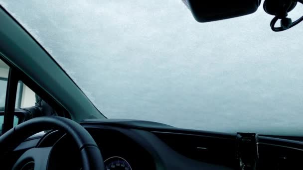 Vrouw schoonmaken auto van sneeuw — Stockvideo