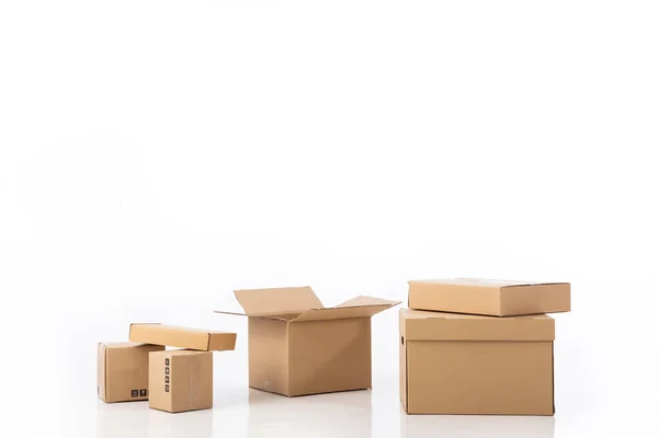 Group Cardboard Boxes Objects Isolated White Background — Stock Photo, Image