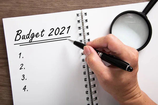 Handskrift Budget 2021 Planera Anteckningar Skriva Begrepp Anteckningsblock För Budgeten — Stockfoto