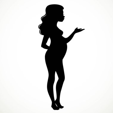 Tamamen büyümüş hamile bir kadının siyah silueti beyaz bir arka planda izole edilmiş bir şey söylüyor.