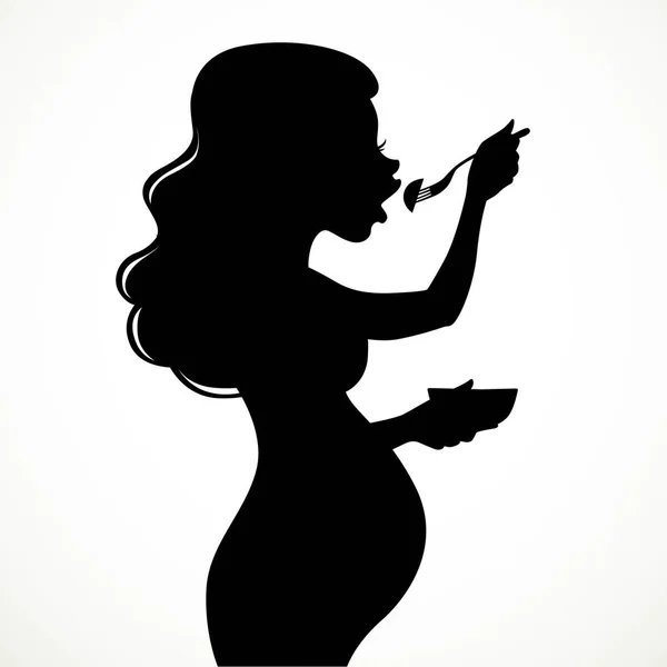 美しいです若いです妊娠中の女性のシルエットは白の背景に隔離された食欲で食べる — ストックベクタ