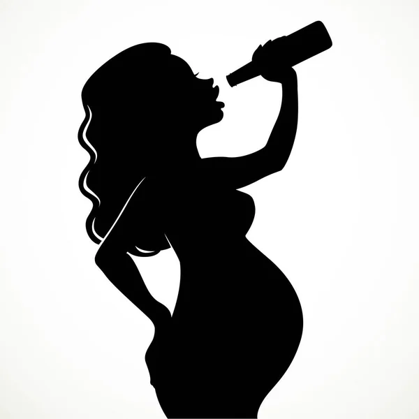 Trinken Bier Schwangere Frau Silhouette Isoliert Auf Weißem Hintergrund — Stockvektor