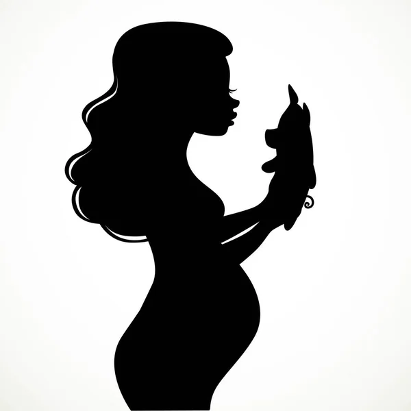 Silhouette Une Belle Jeune Femme Enceinte Aux Cheveux Luxuriants Considère — Image vectorielle