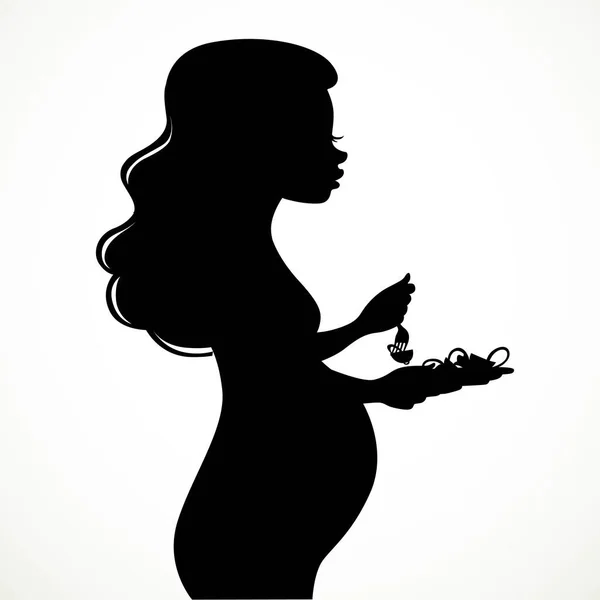 美丽的年轻孕妇有着浓密的秀发 她的侧影是吃着白色背景的蔬菜沙拉 — 图库矢量图片