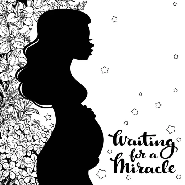 一个美丽的年轻孕妇的轮廓 她有着浓密的秀发 黑白相间的奇幻野花背景 等待着奇迹般的题词 — 图库矢量图片