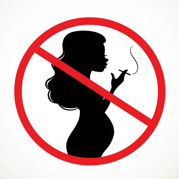 Silhouette Pregnant Woman Smoking Cigarette Prohibiting Sign Crossed Out Circle — Stock Vector