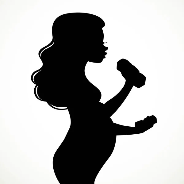 Silhouette Belle Jeune Femme Enceinte Fait Des Exercices Avec Petits — Image vectorielle
