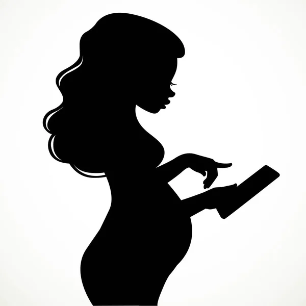 Silhouette Beautiful Young Pregnant Woman Uses Electronic Tablet Isolated White — Stock Vector