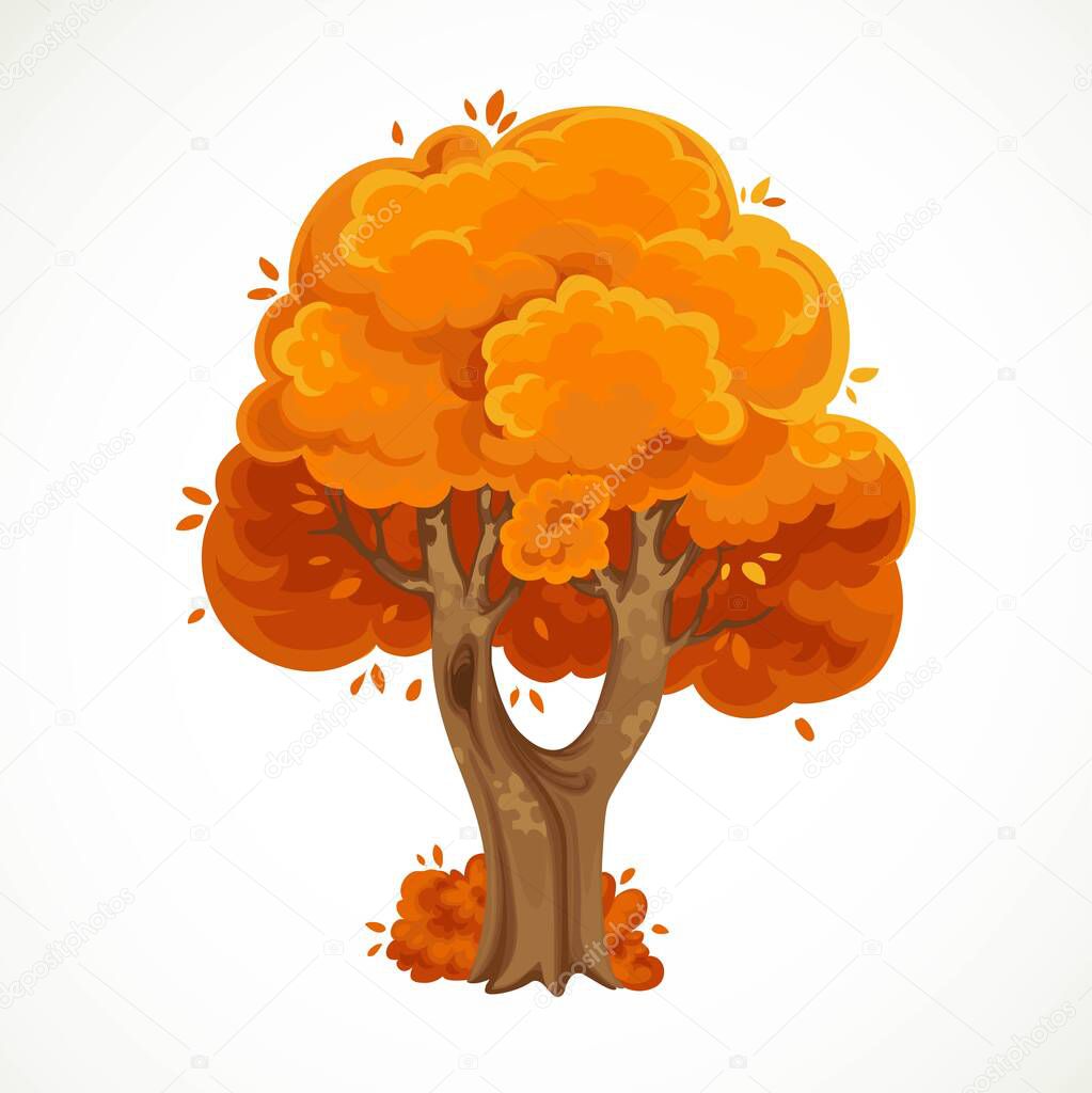 Autumn bifurcated tree  with orange foliage vector drawing isolated on white background