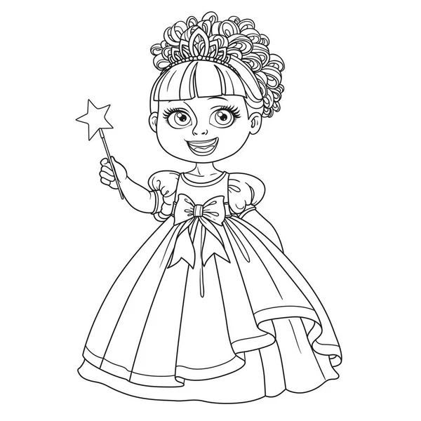 Linda Princesita Vestido Bola Tiara Sosteniendo Varita Mágica Delineada Aislada — Vector de stock