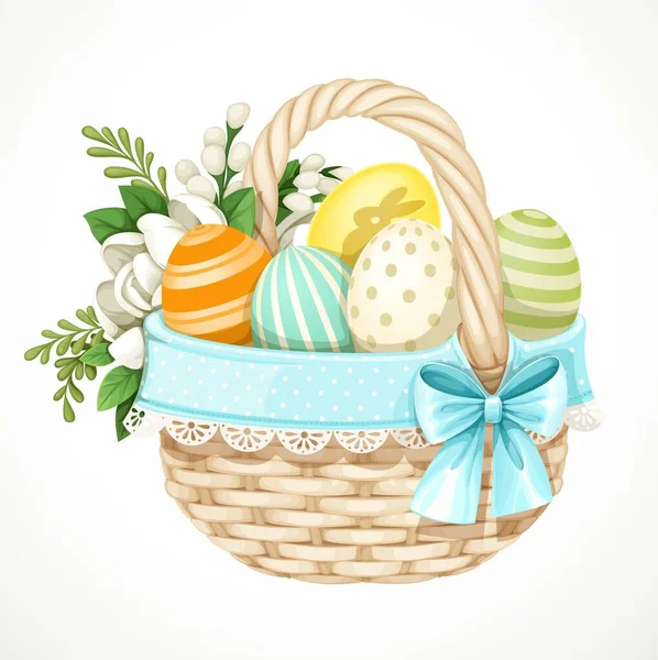 用复活节彩蛋和白色背景装饰的柳条筐轻松林 — 图库矢量图片