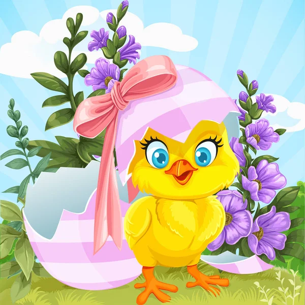 可爱的小鸡是用复活节彩蛋孵出的 它生长在绿茵的草坪上 开着花 — 图库矢量图片