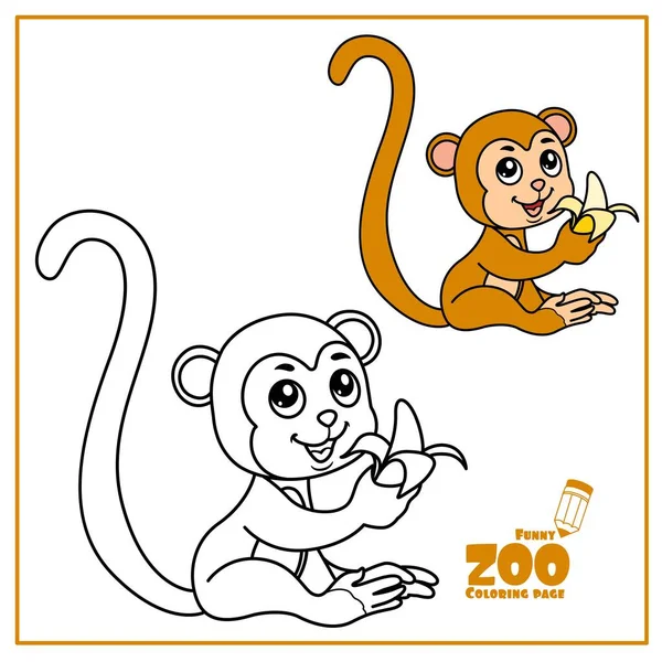 Cute Cartoon Little Monkey Eating Banana Color Outlined White Background — Stock Vector