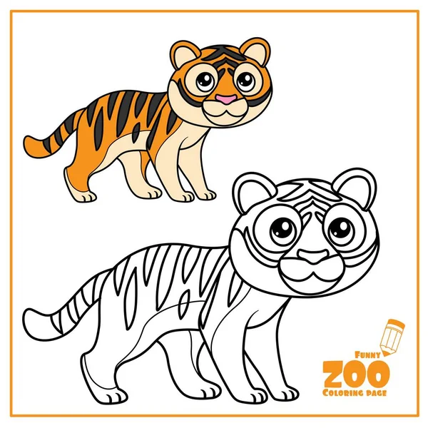 Cute Cartoon Little Striped Tiger Color Outlined White Background Coloring — Stock Vector