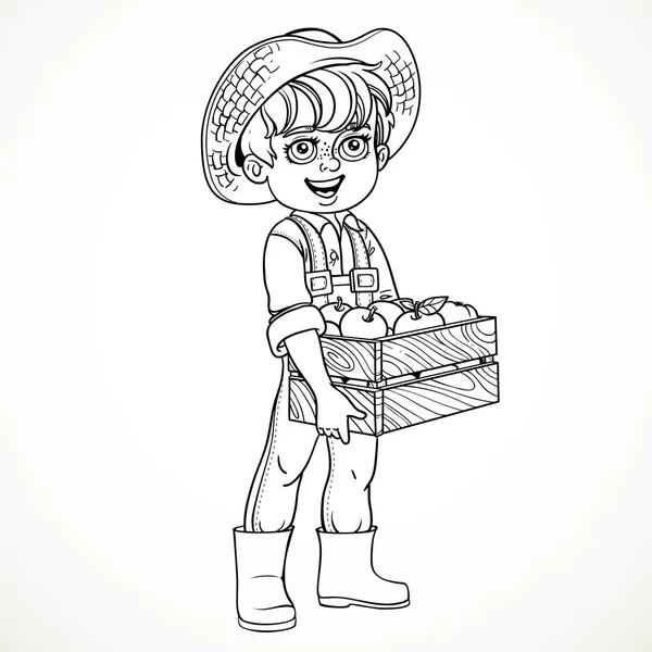 Roztomilý Chlapec Farmář Džínách Kombinézy Gumové Boty Drží Dřevěnou Krabici — Stockový vektor