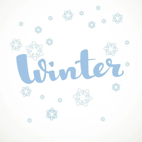 Зимняя Синяя Каллиграфическая Надпись Снежинками Белом Фоне — стоковый вектор