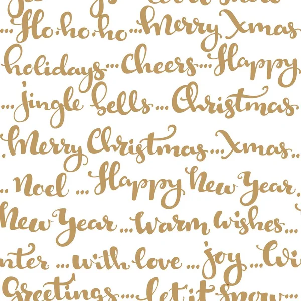 Seamless Pattern Christmas Greetings Wishes Calligraphy Golden White Background — Stock Vector