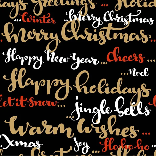无缝隙的圣诞祝福图案 在黑色的背景上 白色和金色的书法 — 图库矢量图片