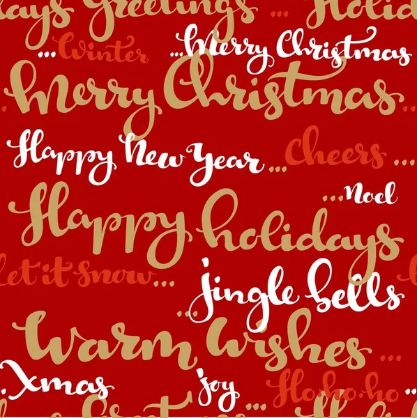 クリスマスの挨拶のシームレスなパターンと赤の背景に白と金色の書道を望む — ストックベクタ