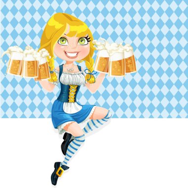 Pankartta oturan tatlı kız Oktoberfest birası ikram ediyor.