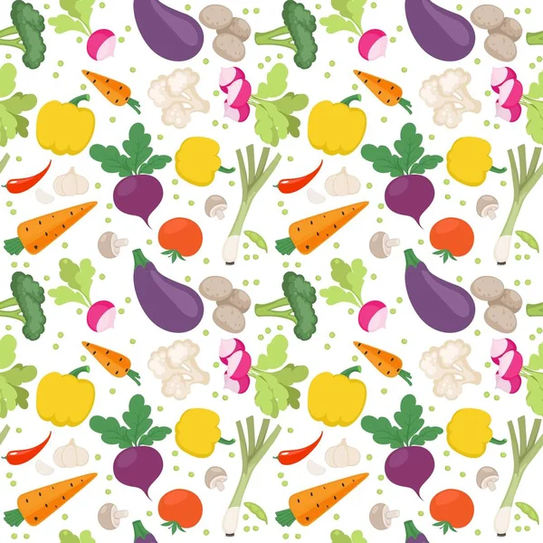 Seamless Pattern Fresh Vegetables Radishes Carrots Tomatoes Beets Shallots White — Stock Vector