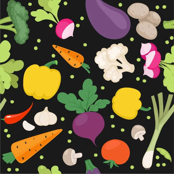 新鮮な野菜の大根 ニンジン トマト ビート シャロットからのシームレスなパターン黒の背景 — ストックベクタ