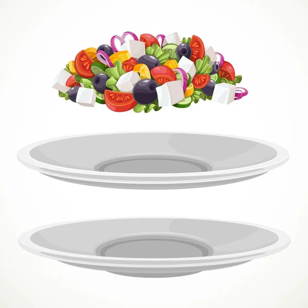 Set Greek Salad Fresh Vegetables Cheese Large White Ceramic Plates — Stock Vector