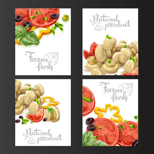 Four Vertical Banners Fresh Marinated Vegetables Black Background — Stock Vector