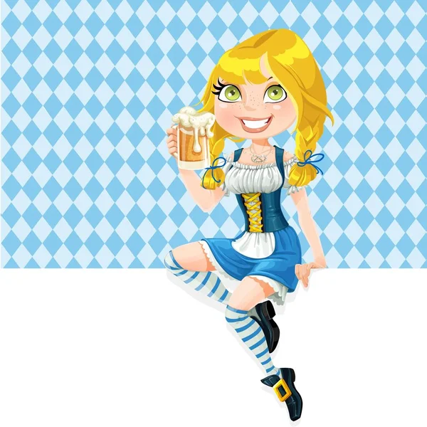 Cute Girl Siedzi Sztandarze Biały Oferuje Piwo Oktoberfest Tradycyjnym Tle — Wektor stockowy