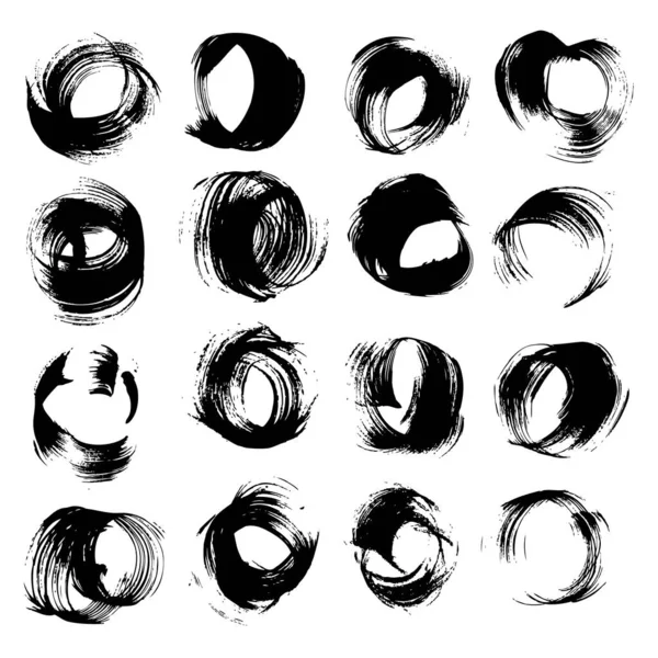 Vector Brush Line Oval Strokes Textured Thick Black Paint Set — Stock Vector