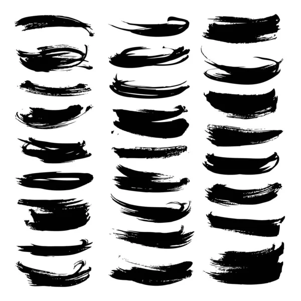 Vector Brush Strokes Textured Thick Black Paint Set Isolated White — Stock Vector