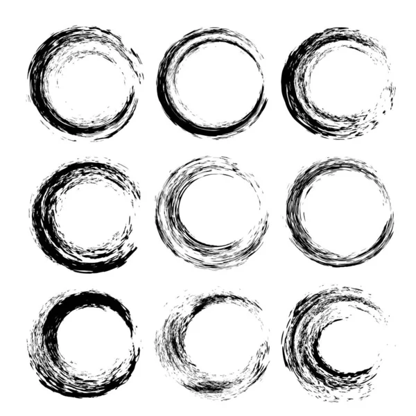 Set Black Textured Circle Strokes Isolated White Background — Stock Vector