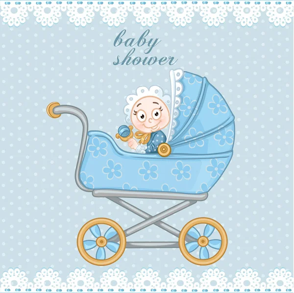 Carrozzina Blu Neonato Baby Shower Card — Vettoriale Stock