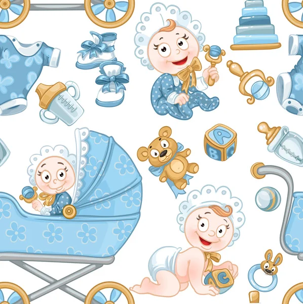 从可爱的婴儿 蓝色的婴儿玩具 婴儿车和物品无缝制的图案 — 图库矢量图片