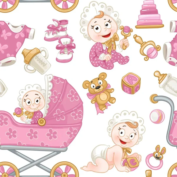 可愛い赤ちゃん ピンクの赤ちゃんのおもちゃ 赤ちゃんの馬車やオブジェクトからシームレスなパターン — ストックベクタ