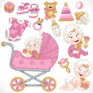 Sevimli bebek takımı, pembe bebek oyuncakları, bebek arabası, nesneler, giysiler ve diğer şeyler. 