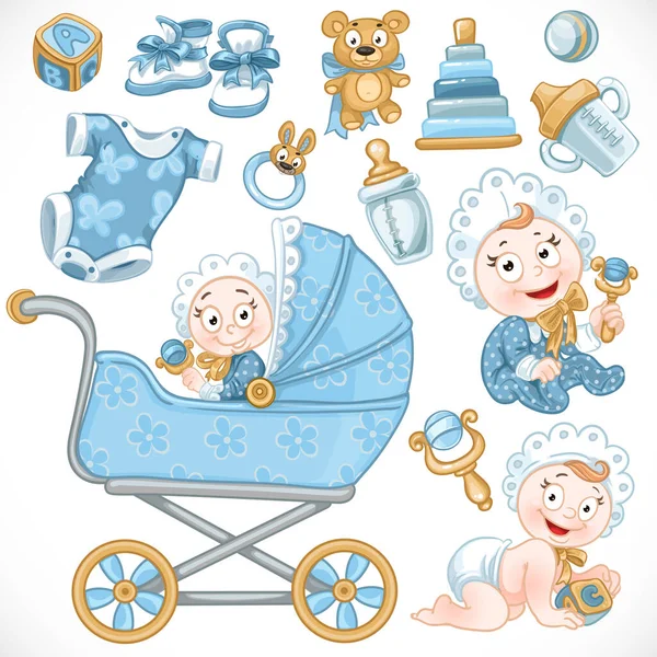 Set Cute Baby Blue Baby Toys Baby Carriage Objects Clothes — Stock Vector