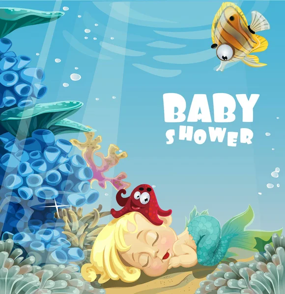 Baby Shower Sleeping Baby Mermaid — Stock Vector