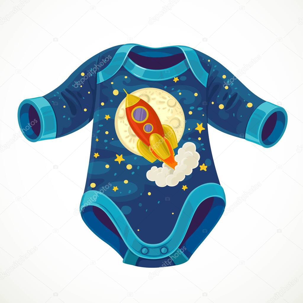 Baby bodysuit with a picture of cartoon rocket flying against the background of the moon and the starry sky isolated on white background